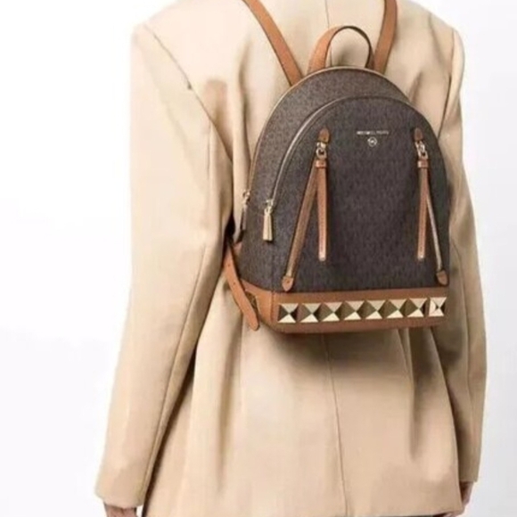 Michael Kors Signature  Brooklyn Studded Backpack Brown and Gold main image 9